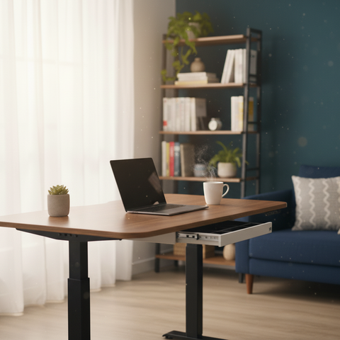 Home office with a wooden desk, laptop, and a blue sofa with cushions.