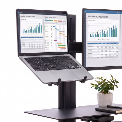 A woman stands at a desk using a black dual-monitor adjustable standing desk riser with a laptop on the top shelf and a keyboard on the lower shelf. The setup is shown against a clean white background.