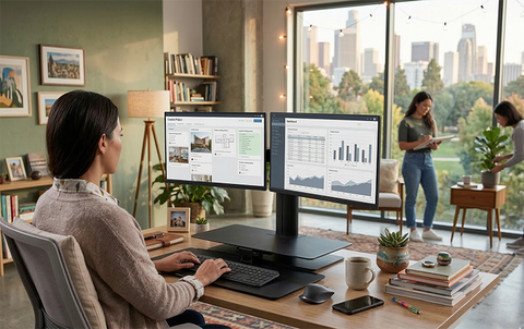 Person working at a desk with two computer monitors in a home office setting.