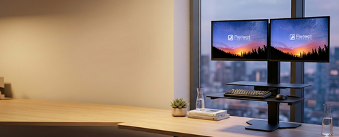 Two computer monitors on a desk with a cityscape view in the background