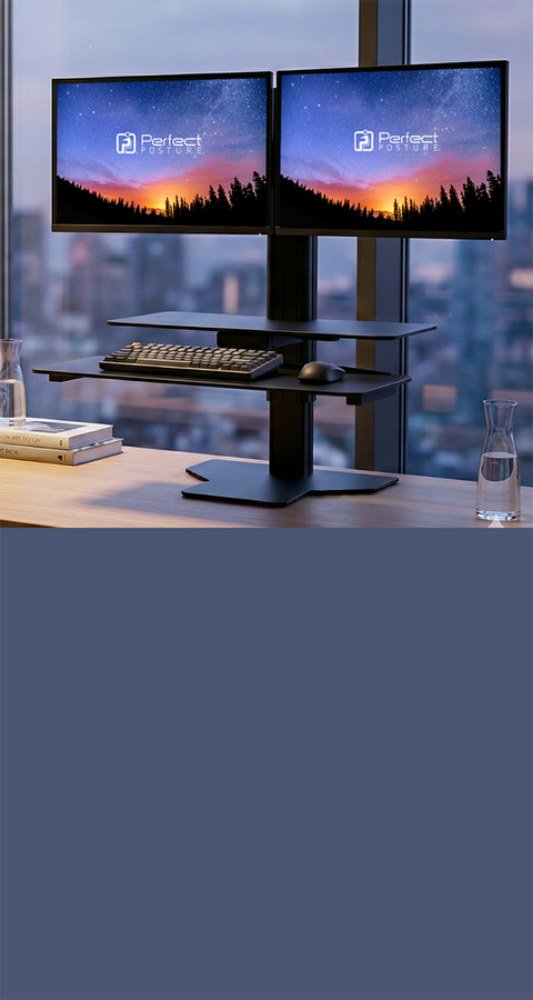 Two computer monitors on a desk with a cityscape in the background