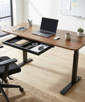 Modern office setup with a wooden desk, chair, and office supplies.