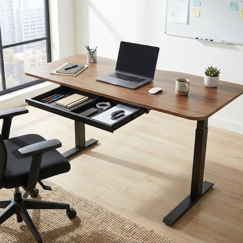 Modern office setup with a wooden desk, chair, and office supplies.